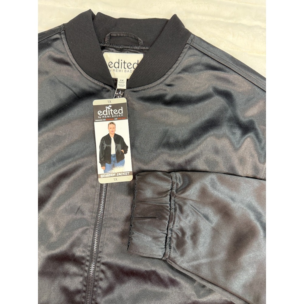 Edited Bomber Jacket Womens 1X Black Full Zip Satin Comfort Drop Shoulder New